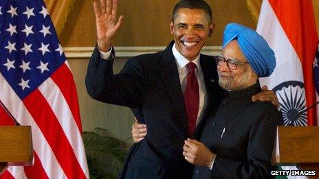 Obama and Manmohan Singh in India in 2010