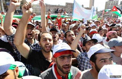 Supporters of the Islamic Action Front and other opposition parties protest in Amman (5 October 2012)