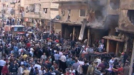 State media video footage purportedly showing aftermath of explosion in Jaramana, Damascus (29 October 2012)