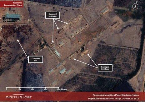 Satellite image showing aftermath of explosions at Yarmouk ammunitions plant (27 October 2012)