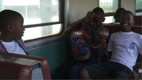 Children commute by train in Dar es Salaam (29 October 2012)