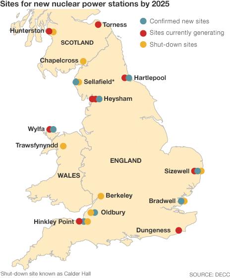 Map showing nuclear reactor sites across the UK