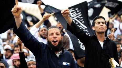 Tunisian Islamists attend a rally on May 20, 2012 in Kairouan