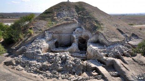 A photo provided by the Bulgarian National Institute of Archaeology and taken on 26 September 2012 shows the remains of a small settlement made of two-storey houses near the town of Provadia in eastern Bulgaria