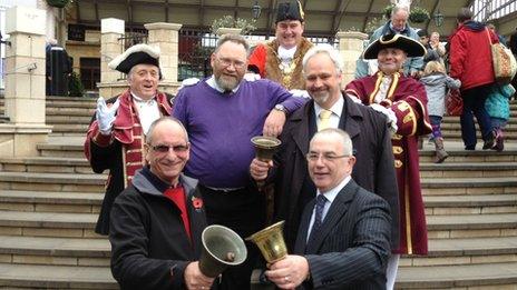 Clockwise from bottom left: David Peking; Peter Dauncey, director of the Ancient and Honourable Guild of Town Criers; Mayor of the Royal Borough of Windsor and Maidenhead, Colin Rayner; Owen Collier, vice-chairman of the Ancient and Honourable Guild of Town Criers and Roy Austin; with Mike Foster middle left and Chris Brown middle right.