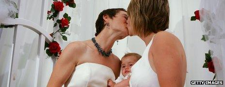 Two women kissing as they get married