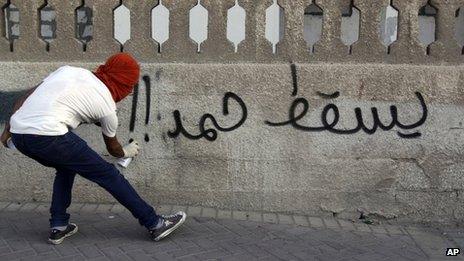 A man spray-paints "Down with Hamad!!" on a wall Daih, Bahrain (28 September 2012)