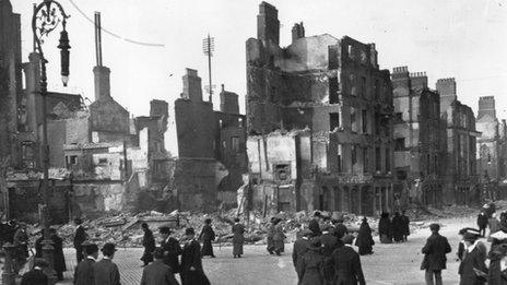 The ruins of Sackville Street (now O'Connell St, Dublin, after the Easter Rising