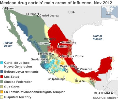 Map showing areas of influence of Mexican drugs cartels