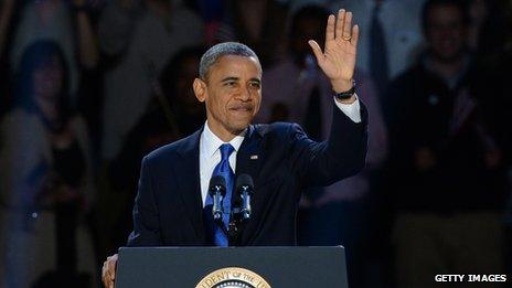 President Obama acknowledging the crowds at his victory speech in Chicago