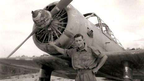 Bob with Japanese plane in Penang 1945