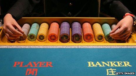 Lines of gambling chips at a Macao casino