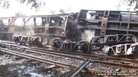 Wrecked train carriages in Burma, 9 November