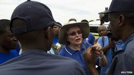 Helen Zille, leader of South Africa's opposition Democratic Alliance party, speaks to the media after police officials blocked her attempts to walk near President Jacob Zuma's home in Nkandla on 4 November 2012