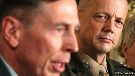April 2011 file picture of David Petraeus (L) and Gen John Allen at the White House