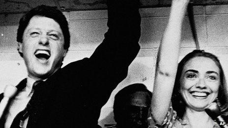 Hillary celebrates husband Bill's victory in a Democratic runoff - ahead of the 1982 gubernatorial elections - in Little Rock, Arkansas.