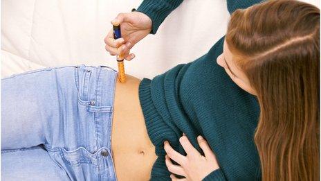 Girl injecting herself with insulin