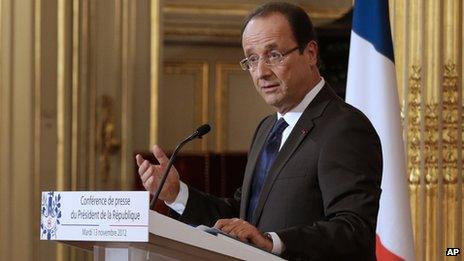 French President Francois Hollande speaks to journalists at a press conference in Paris