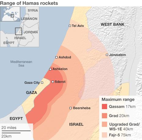 Map showing potential range of rocket attacks from Gaza