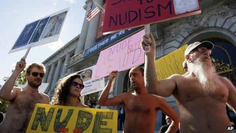 Demonstrators gather at a protest against a proposed nudity ban outside of City Hall in San Francisco, 14 November 2012