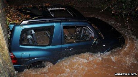 Car in flood water in Chew Stoke