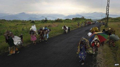 DR Congo people flee from Sake on a road linking Goma and Bukavu on 23 November.