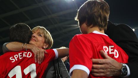 Carol Speed with her grandsons at the tribute match