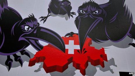 SVP election poster - foreign crows pecking at Switzerland