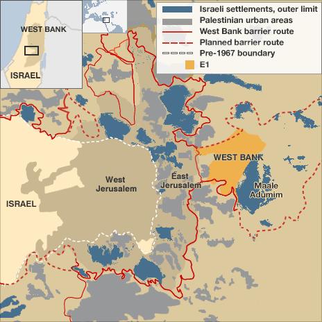Map showing planned E1 settlement in West Bank