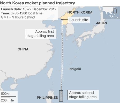 North Korea planned rocket trajectory map