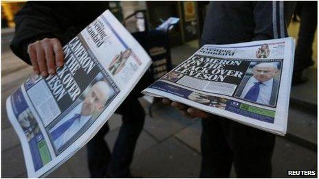 Newspapers with Leveson report headlines