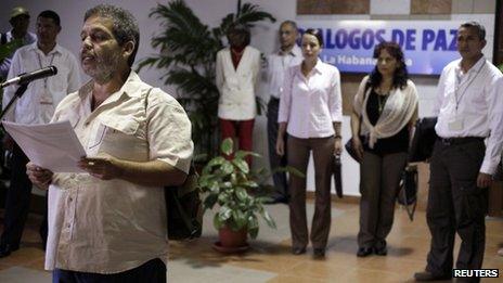 Marco Leon, Farc spokesman, reads statement in Havana