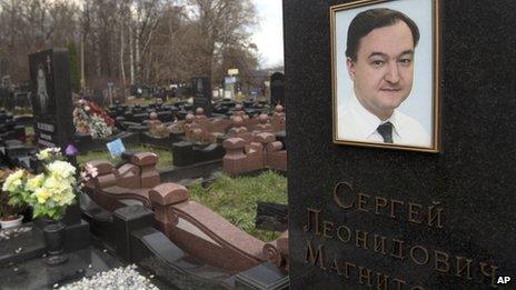 A tombstone on the grave of lawyer Sergei Magnitsky at a cemetery in Moscow in November 2012