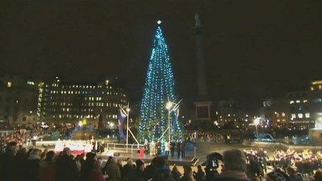 The lights are switched on on the tree in Trafalgar Square