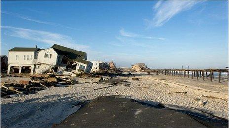 Ruined homes and the Surf Club in the distance on Ocean Avenue, Ortley Beach, New Jersey