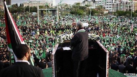 Khaled Meshaal addresses rally in Gaza. 8 Dec 2012