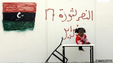 A young displaced girl from Tawergha perches on top of a table, a sign behind her reads "Victory for the 17 November protests"