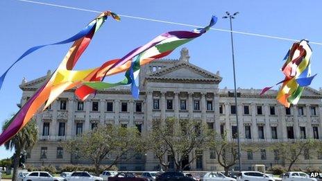 Gay rights ribbons flutter outside the Uruguayan Congress