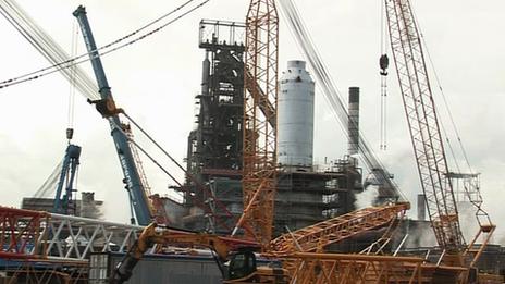 Blast furnace number four being rebuilt at Tata's Port Talbot steelworks