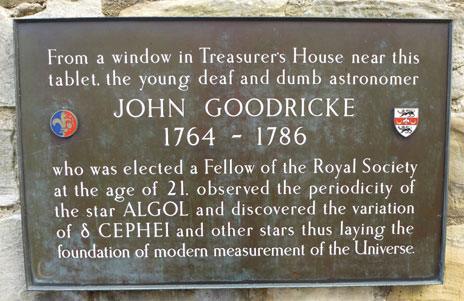 Plaque in memory of "the young deaf and dumb astronomer" John Goodricke at York Treasurer's House