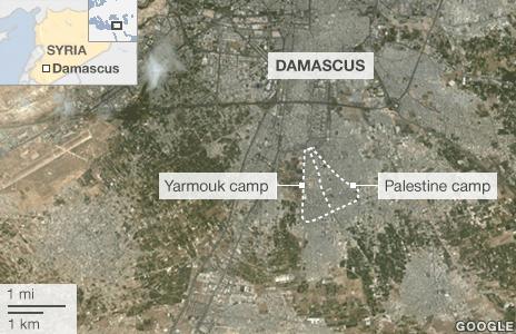 Map showing locations of Yarmouk and Palestine refugee camps in Damascus