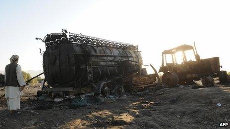 The wreck of a fuel tanker attacked by Nato-led forces (5 Sept 2009)