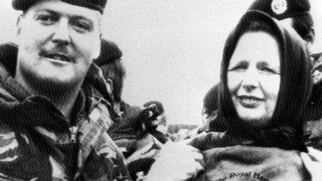 Margaret Thatcher and UK soldiers in the Falklands