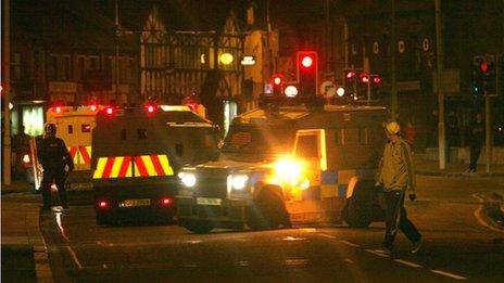 A petrol bomb was thrown at a PSNI vehicle on Castlereagh Street at about 19:40 GMT