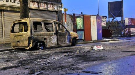 A burnt out van on the Newtownards Road in east Belfast