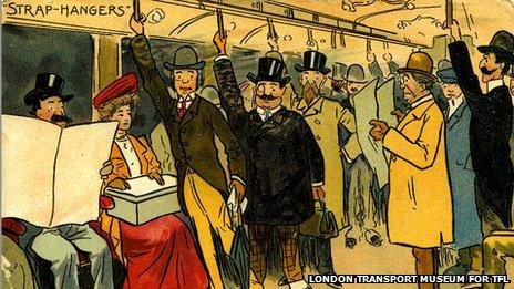 Cartoon of passengers in train carriage