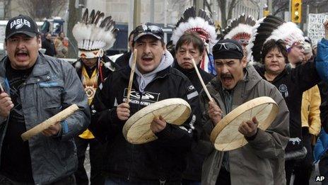 Members of the First Nations demonstrate on Parliament Hill in Ottawa, on 11 January 2013