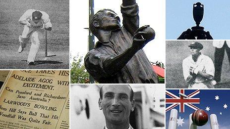 (Clockwise from top left) Bert Oldfield hit by a ball at the Adelaide Oval, statue of Harold Larwood, the Ashes urn, Bill Woodfull hit at the Adelaide Oval, Australia graphic, Douglas Jardine, Nottingham newspaper coverage of the Adelaide test