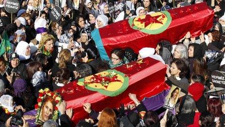 The coffins of PKK members killed in Paris are carried through the streets of Diyarbakir at their funeral ceremony