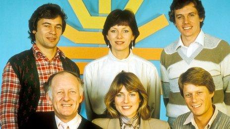 Breakfast Time presenters (top, l-r) Francis Wilson, Debbie Rix, David Icke, (bottom, l-r) Frank Bough, Selina Scott and Nick Ross, 1983
